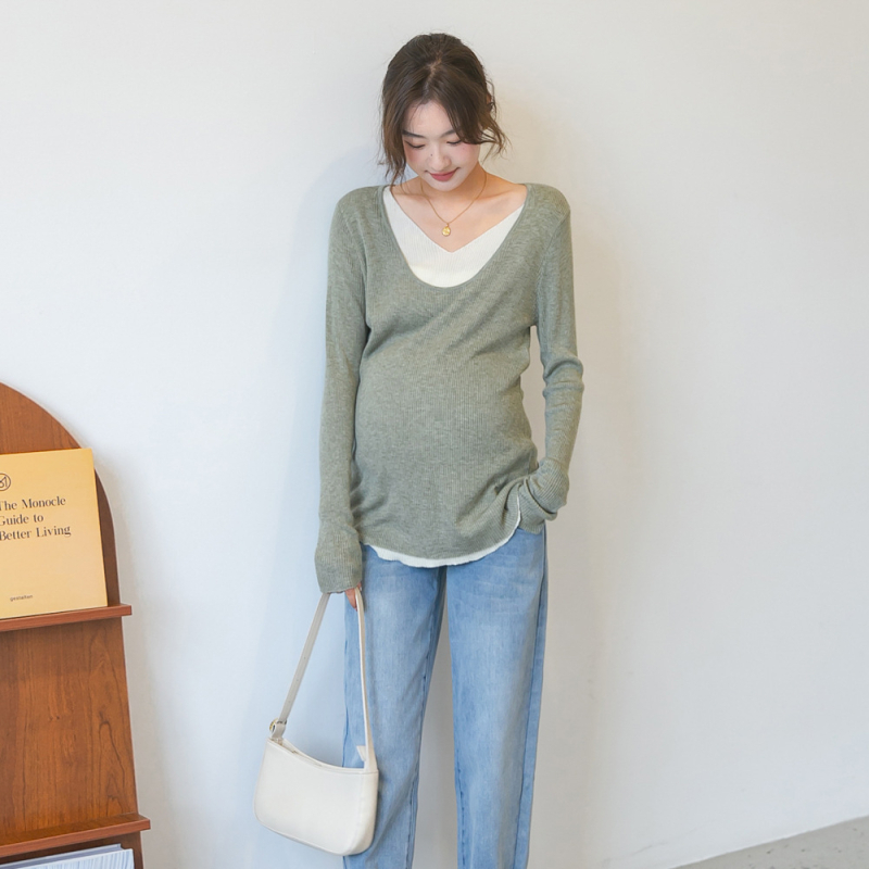 Kismama kötött felső V-nyakkal, hosszú ujjú, pamut, panelos mintázat, 50-70% pamut