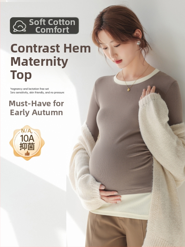 Pamut kismama felső hosszú ujjú, kerek nyakkal, karcsúsított fazon