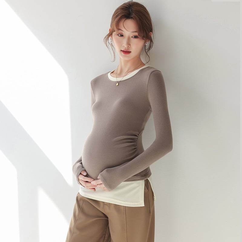 Pamut kismama felső hosszú ujjú, kerek nyakkal, karcsúsított fazon