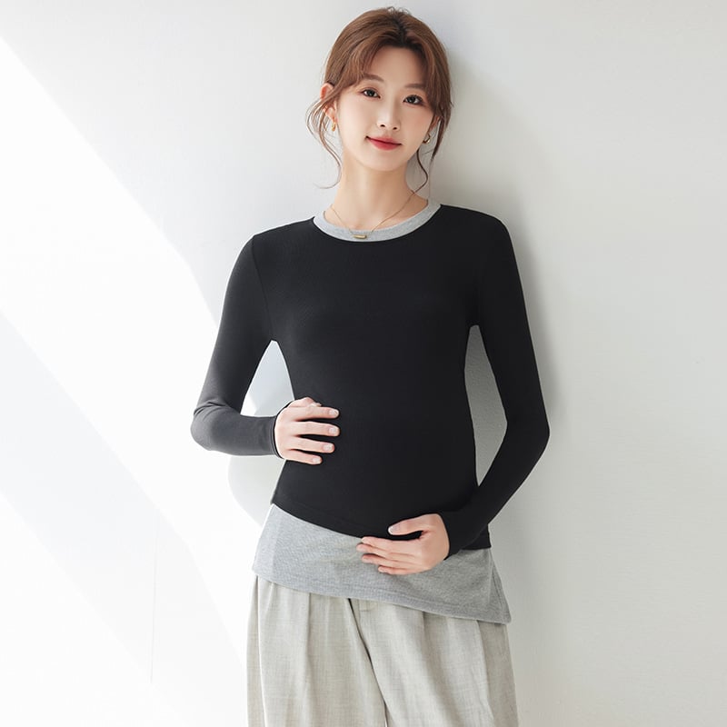 Pamut kismama felső hosszú ujjú, kerek nyakkal, karcsúsított fazon