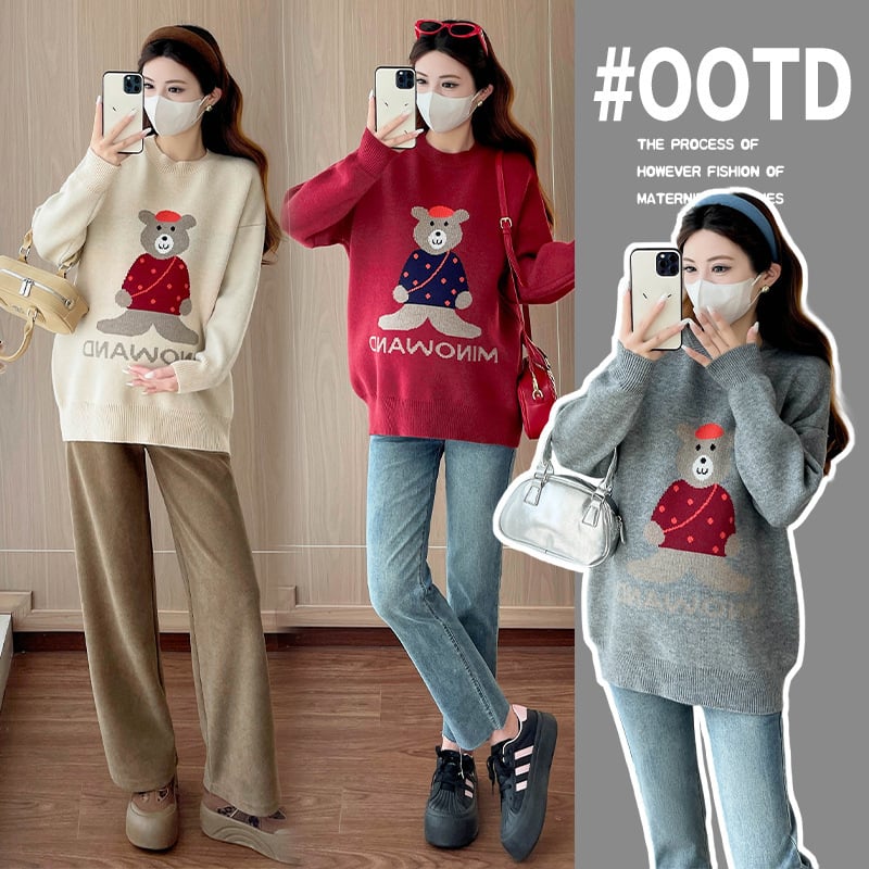 Kismama jacquard medve mintás pulóver, hosszú ujjú, kerek nyakú, laza szabás, gyapjú anyag.