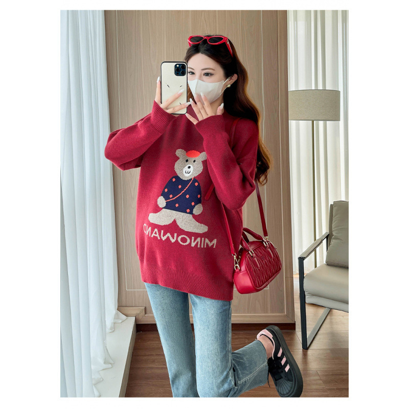 Kismama jacquard medve mintás pulóver, hosszú ujjú, kerek nyakú, laza szabás, gyapjú anyag.