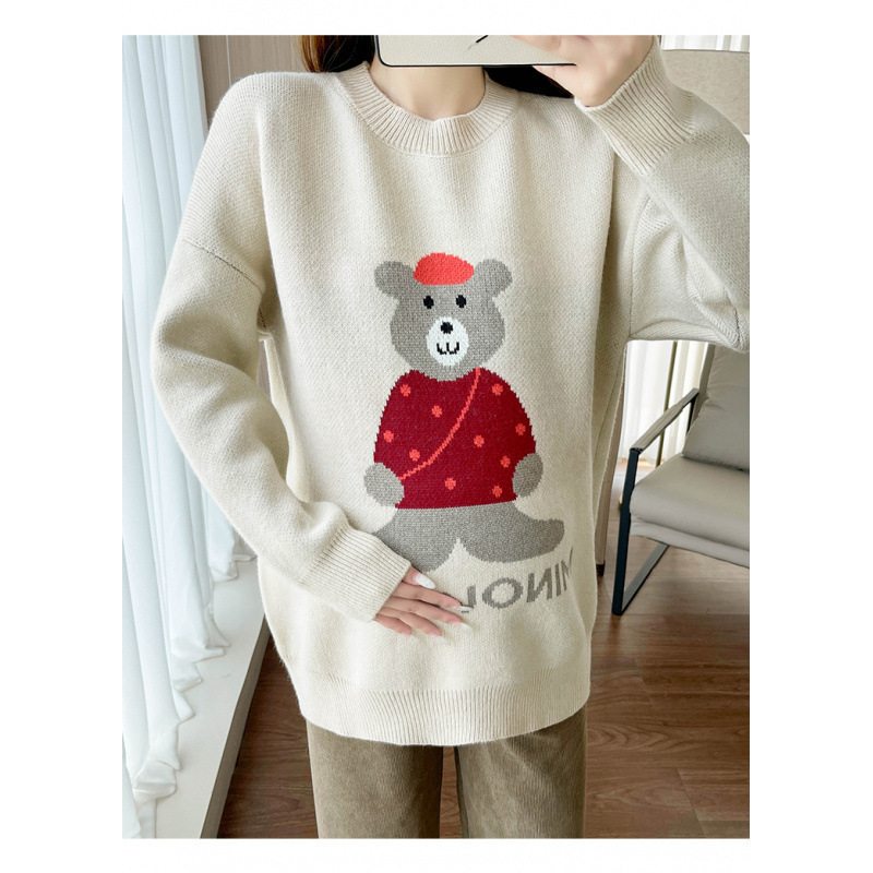 Kismama jacquard medve mintás pulóver, hosszú ujjú, kerek nyakú, laza szabás, gyapjú anyag.