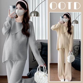 Terhességbarát Chenille nadrágkosztüm szett hosszú ujjúval, laza szabás, 3/4-es nadrág, Spandex 30% alatt