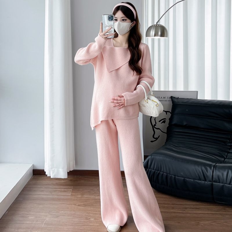 Terhességbarát Chenille nadrágkosztüm szett hosszú ujjúval, laza szabás, 3/4-es nadrág, Spandex 30% alatt