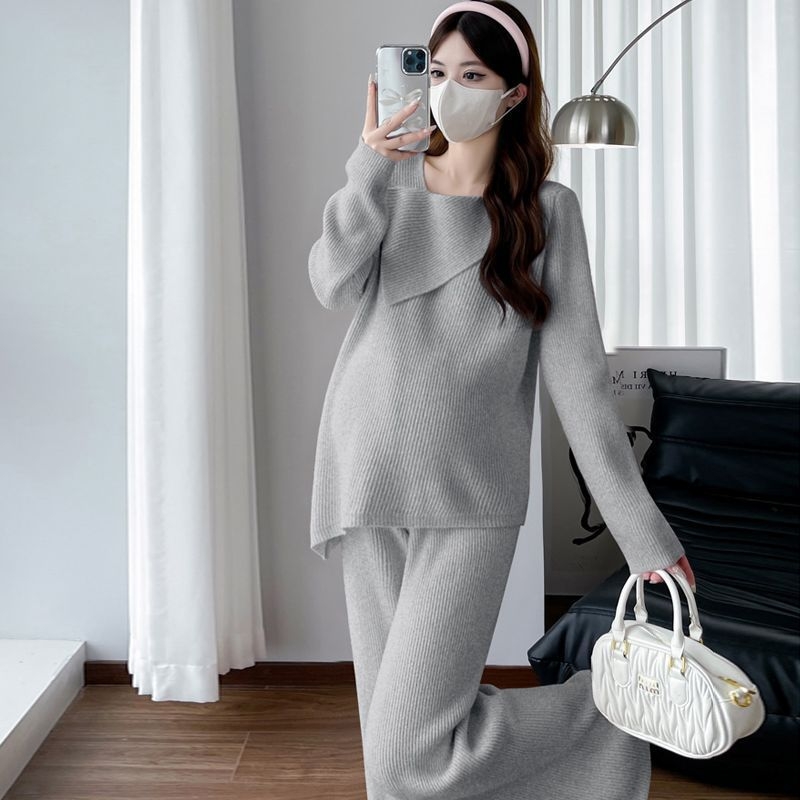 Terhességbarát Chenille nadrágkosztüm szett hosszú ujjúval, laza szabás, 3/4-es nadrág, Spandex 30% alatt