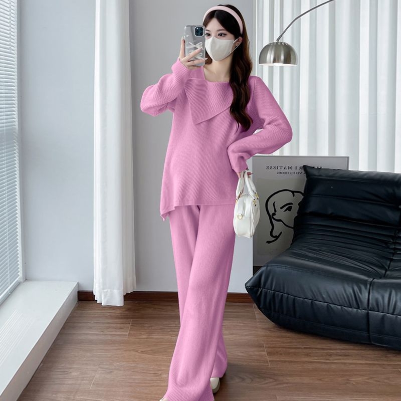 Terhességbarát Chenille nadrágkosztüm szett hosszú ujjúval, laza szabás, 3/4-es nadrág, Spandex 30% alatt