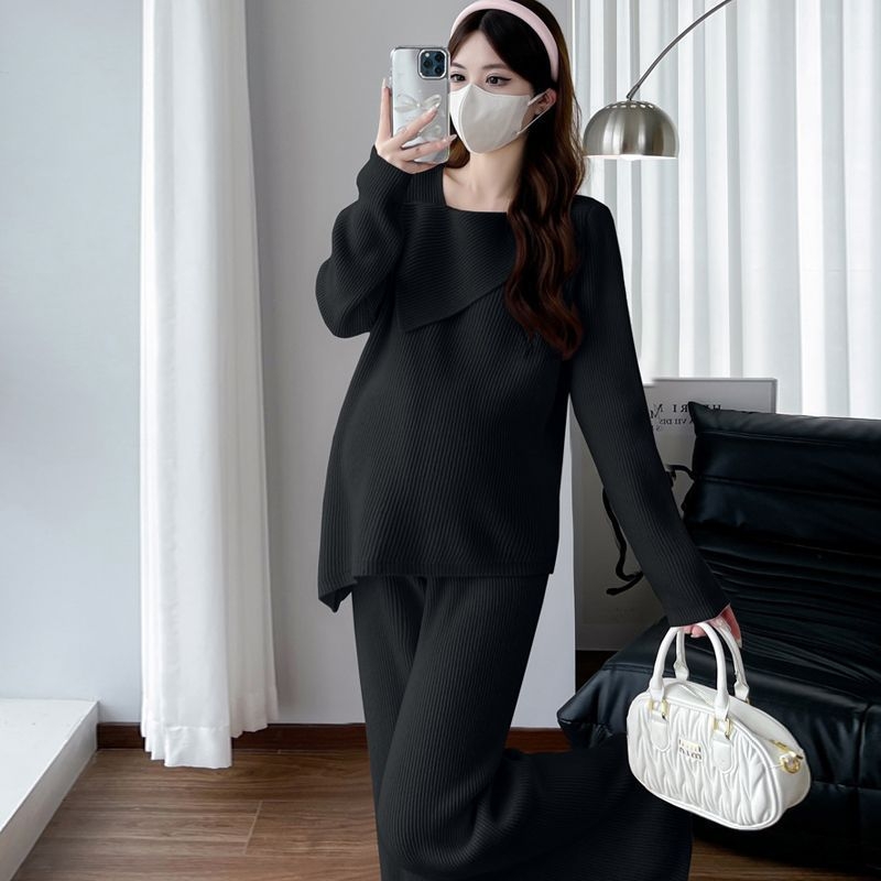 Terhességbarát Chenille nadrágkosztüm szett hosszú ujjúval, laza szabás, 3/4-es nadrág, Spandex 30% alatt