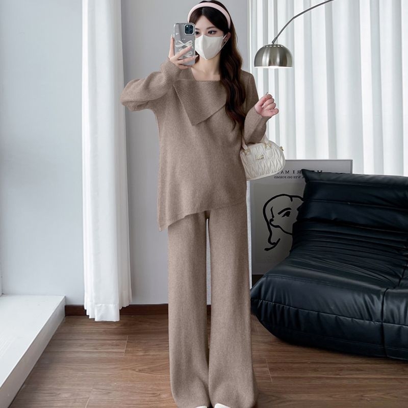 Terhességbarát Chenille nadrágkosztüm szett hosszú ujjúval, laza szabás, 3/4-es nadrág, Spandex 30% alatt