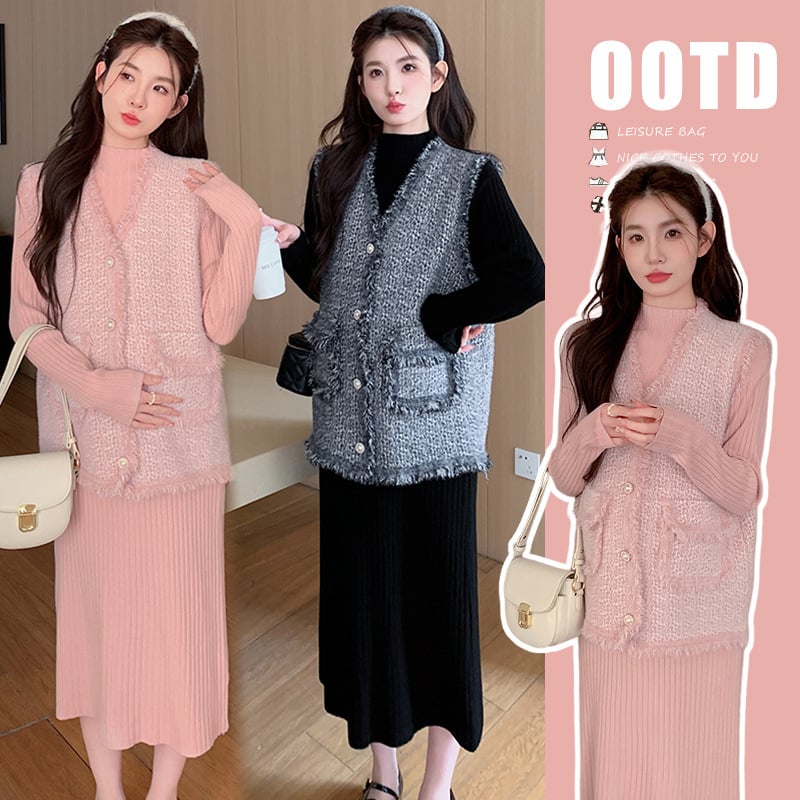 Kostim sa suknjom | Uzorak: Houndstooth | Pleteni materijal | Poliester 50-70% | Akril <30% | Duljina: midi suknja