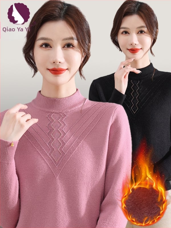 Elegants ziemas adīts džemperis sievietēm ar flisa iekšējo oderi, apaļa kakla atvere, garas piedurknes, 80–90% poliestera