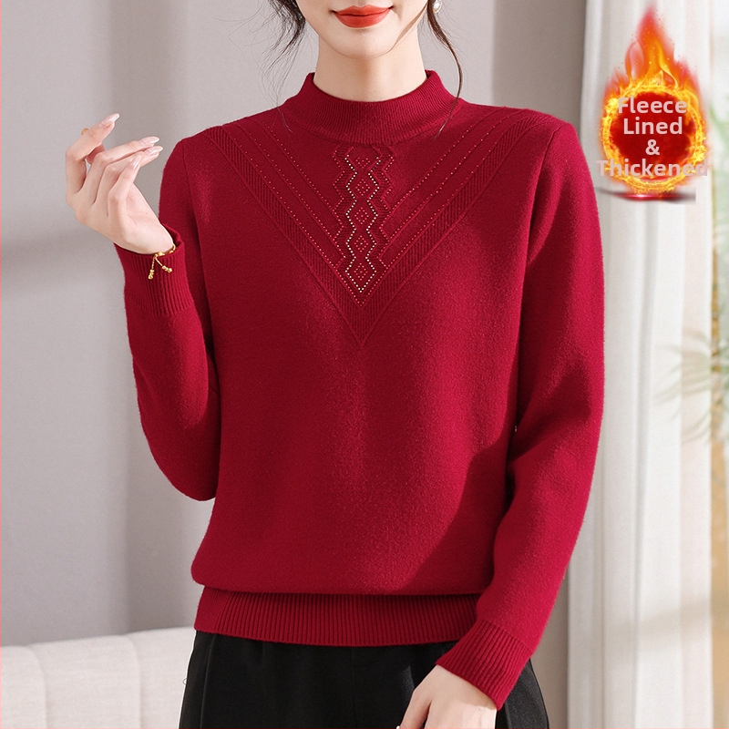 Elegants ziemas adīts džemperis sievietēm ar flisa iekšējo oderi, apaļa kakla atvere, garas piedurknes, 80–90% poliestera