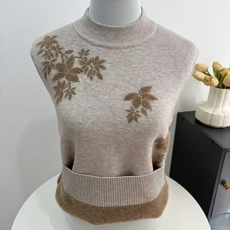 Literāri retro adīts tops, TR audums, PVC ≤30% + Citi 30–50%, princeses piedurknēm, pusaugšējais apkaklīte, brīvs piegriezums