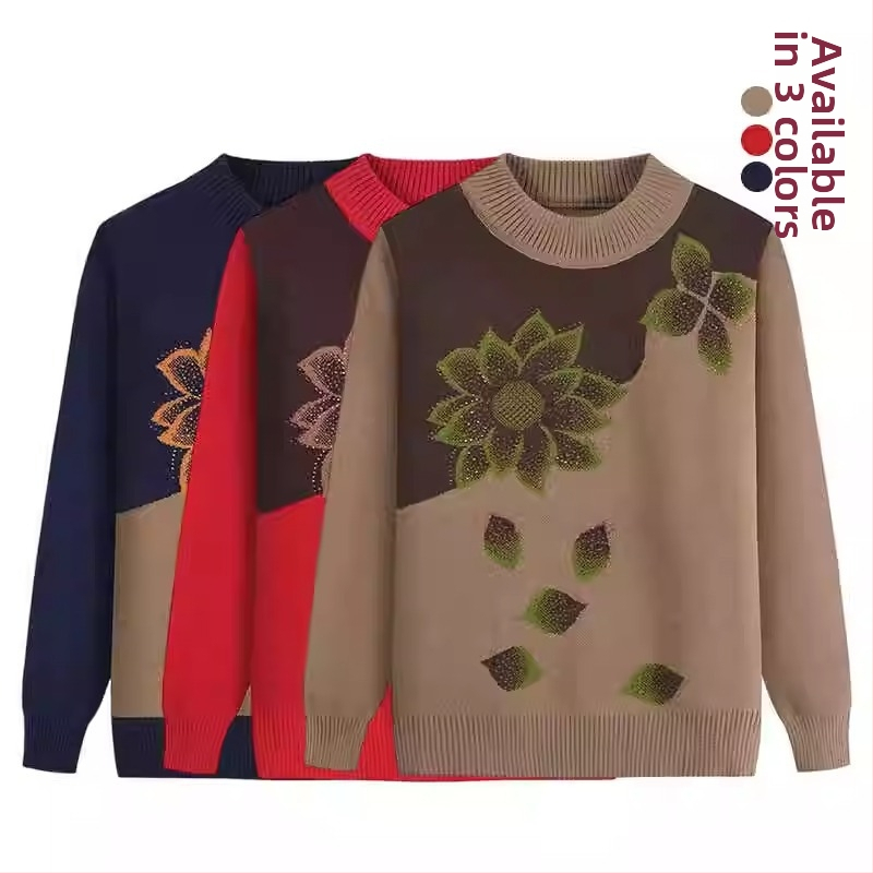 Adīts tops vecāka gadagājuma sievietēm, garas piedurknes, pusaugstā apkakle, akrila audums