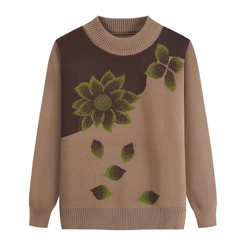 Adīts tops vecāka gadagājuma sievietēm, garas piedurknes, pusaugstā apkakle, akrila audums