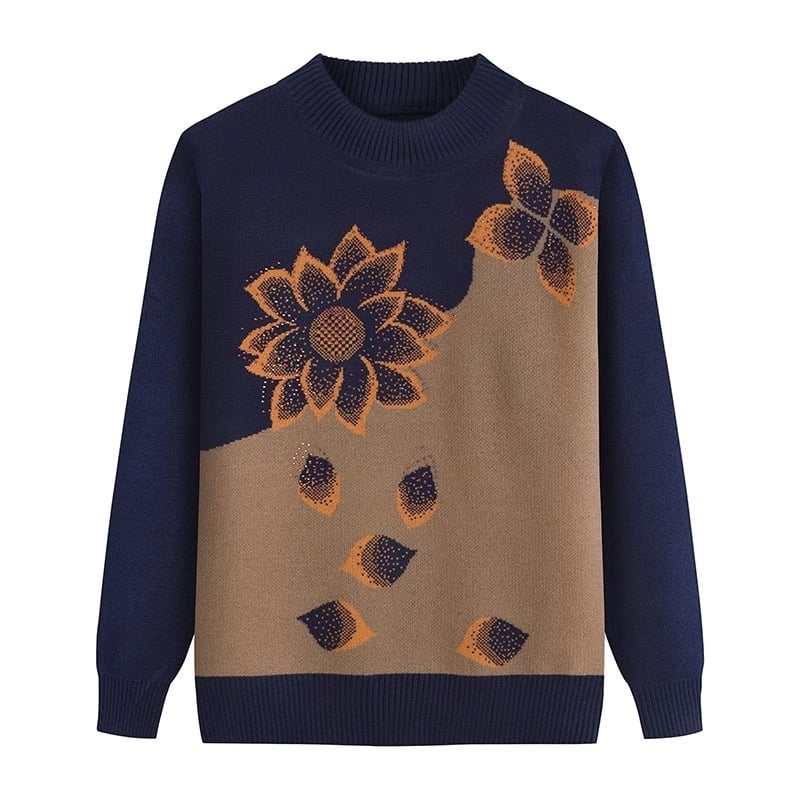 Adīts tops vecāka gadagājuma sievietēm, garas piedurknes, pusaugstā apkakle, akrila audums