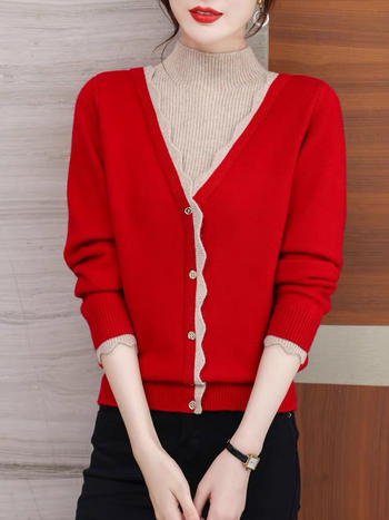 Kafu Love adītais džemperis ar pussaugstu kaklu, mākslīgs divdaļīgs dizains, iekšējā flīss oderes, brīvs piegriezums, ziemas 2023