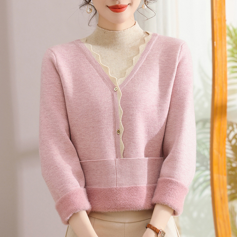 Kafu Love adītais džemperis ar pussaugstu kaklu, mākslīgs divdaļīgs dizains, iekšējā flīss oderes, brīvs piegriezums, ziemas 2023