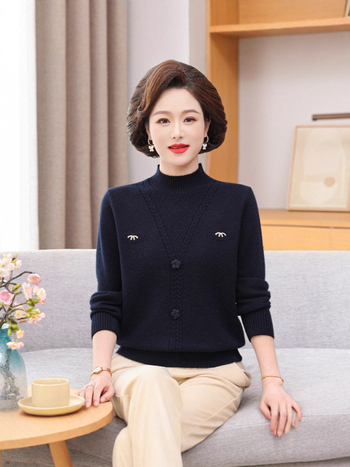 Smags adīts džemperis vidēja vecuma un vecāku sieviešu ar pusaugstu kaklu un kapuci, Core Yarn šķiedra ar 30–50% poliestera, vienkrāsains, garas piedurknes, ziemas džemperis