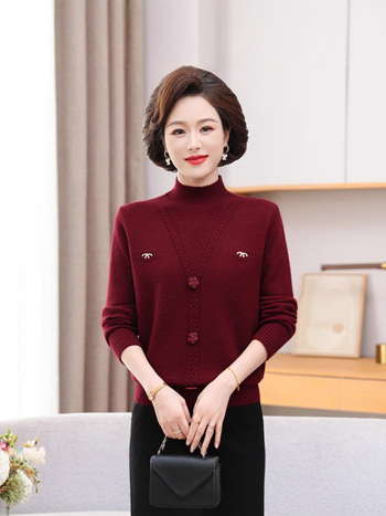 Smags adīts džemperis vidēja vecuma un vecāku sieviešu ar pusaugstu kaklu un kapuci, Core Yarn šķiedra ar 30–50% poliestera, vienkrāsains, garas piedurknes, ziemas džemperis