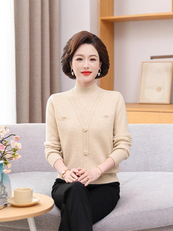 Smags adīts džemperis vidēja vecuma un vecāku sieviešu ar pusaugstu kaklu un kapuci, Core Yarn šķiedra ar 30–50% poliestera, vienkrāsains, garas piedurknes, ziemas džemperis