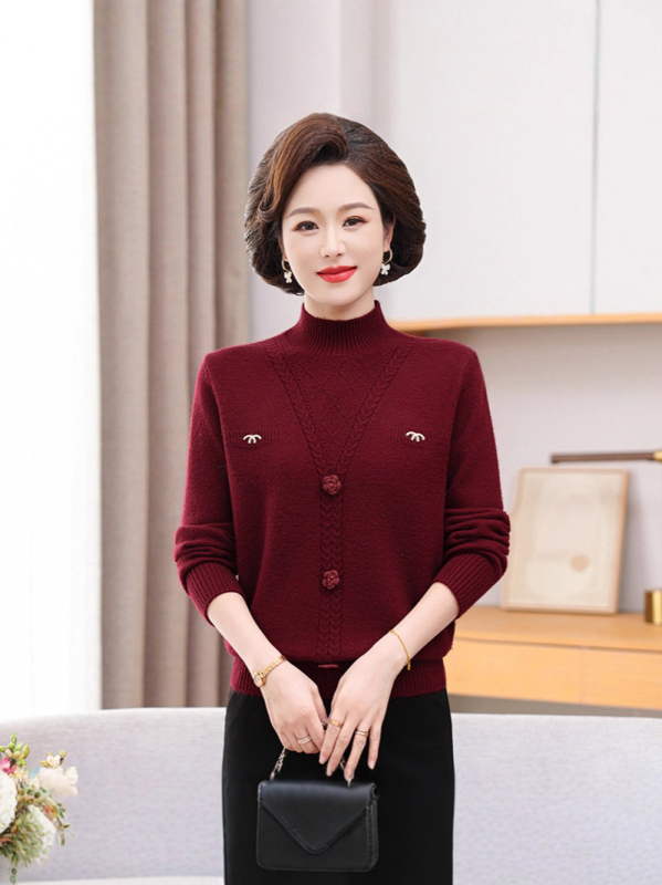 Smags adīts džemperis vidēja vecuma un vecāku sieviešu ar pusaugstu kaklu un kapuci, Core Yarn šķiedra ar 30–50% poliestera, vienkrāsains, garas piedurknes, ziemas džemperis