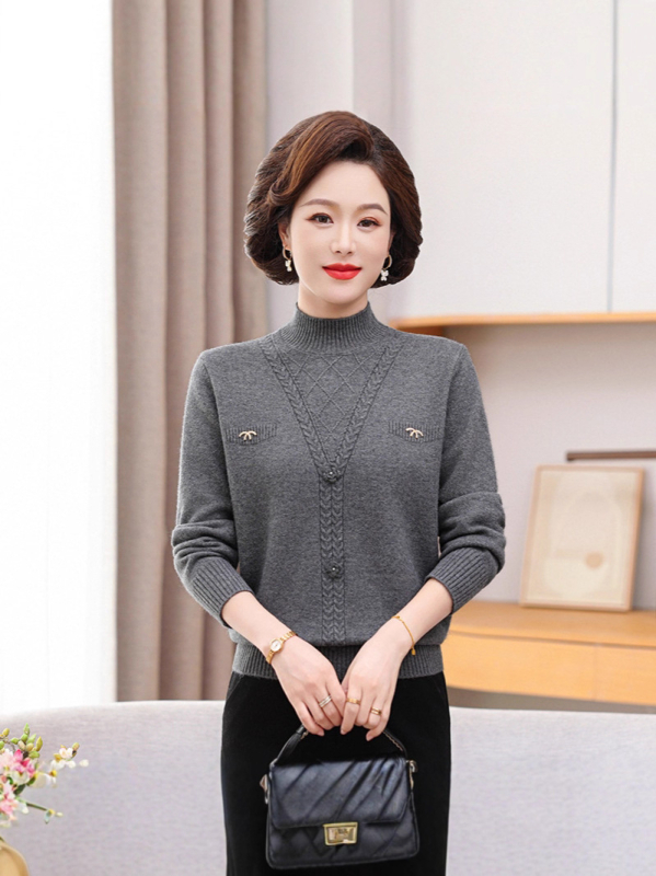 Smags adīts džemperis vidēja vecuma un vecāku sieviešu ar pusaugstu kaklu un kapuci, Core Yarn šķiedra ar 30–50% poliestera, vienkrāsains, garas piedurknes, ziemas džemperis