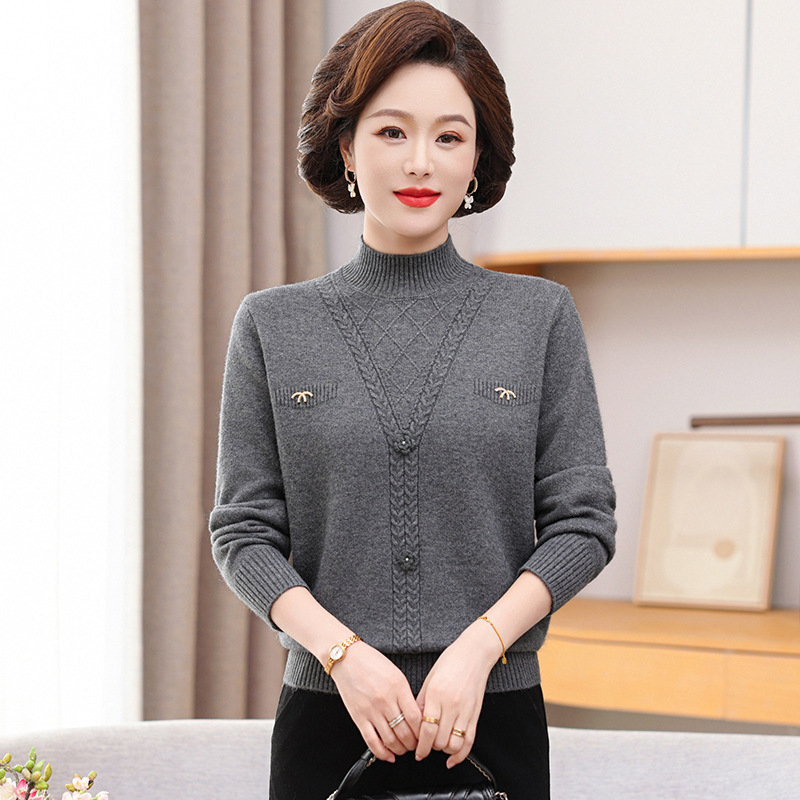 Smags adīts džemperis vidēja vecuma un vecāku sieviešu ar pusaugstu kaklu un kapuci, Core Yarn šķiedra ar 30–50% poliestera, vienkrāsains, garas piedurknes, ziemas džemperis