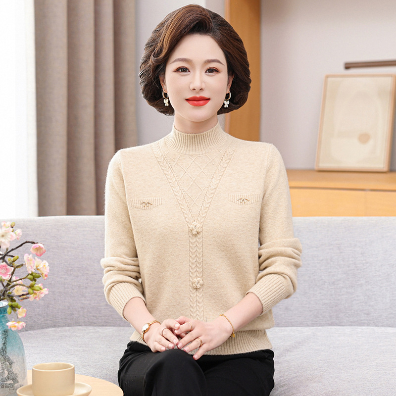 Smags adīts džemperis vidēja vecuma un vecāku sieviešu ar pusaugstu kaklu un kapuci, Core Yarn šķiedra ar 30–50% poliestera, vienkrāsains, garas piedurknes, ziemas džemperis