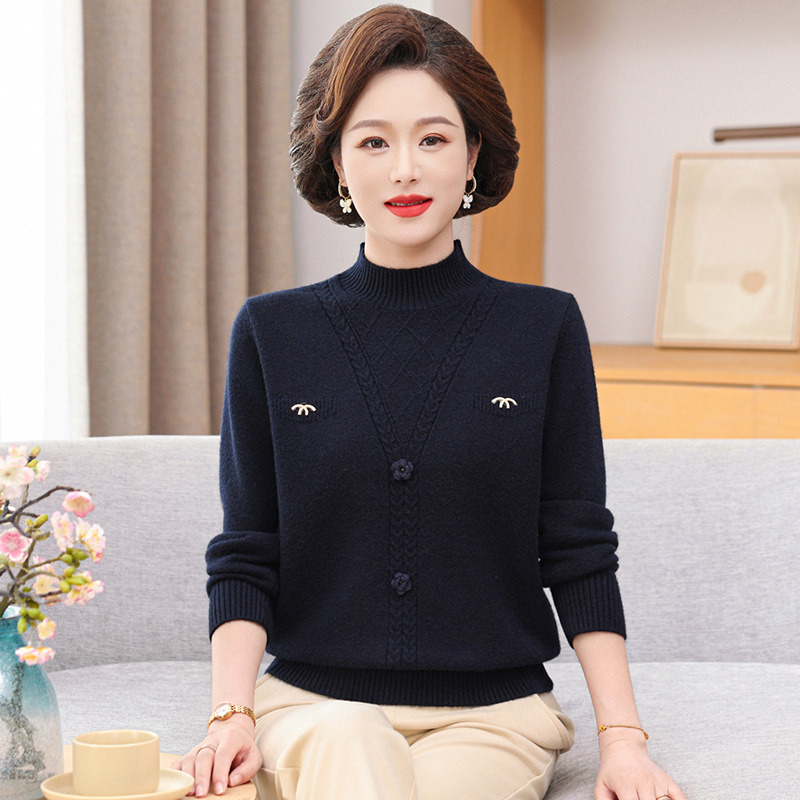 Smags adīts džemperis vidēja vecuma un vecāku sieviešu ar pusaugstu kaklu un kapuci, Core Yarn šķiedra ar 30–50% poliestera, vienkrāsains, garas piedurknes, ziemas džemperis