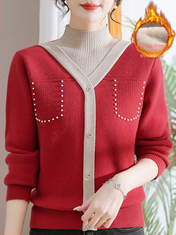 Sieviešu ziemas adīts džemperis ar pusi augstu kaklu, bieza velūra iekšējā odere, blokveida raksts, brīvs piegriezums