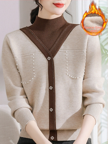 Sieviešu ziemas adīts džemperis ar pusi augstu kaklu, bieza velūra iekšējā odere, blokveida raksts, brīvs piegriezums