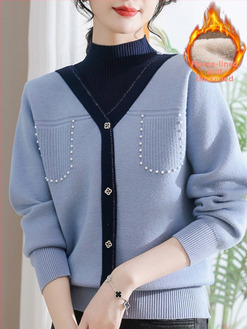 Sieviešu ziemas adīts džemperis ar pusi augstu kaklu, bieza velūra iekšējā odere, blokveida raksts, brīvs piegriezums