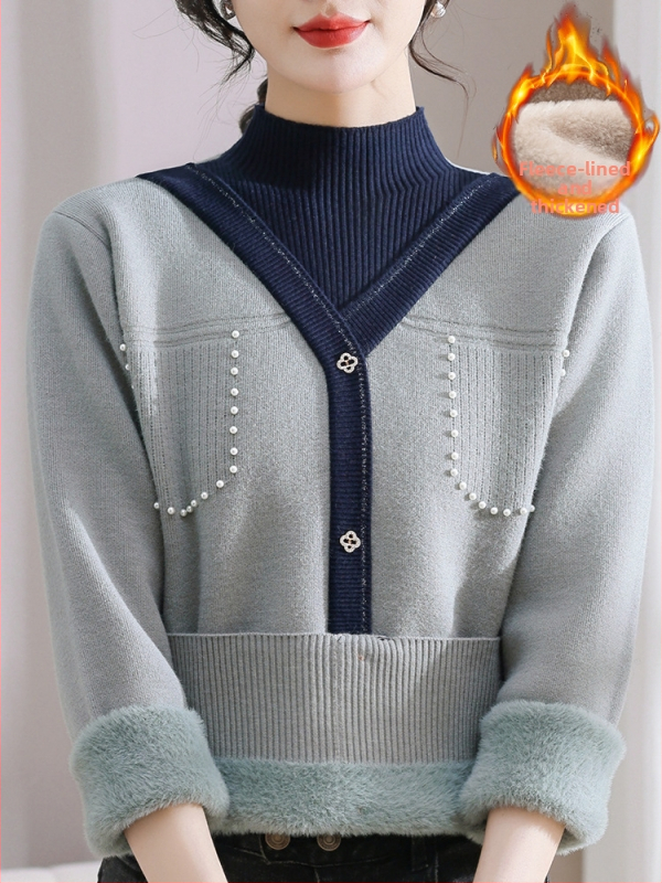 Sieviešu ziemas adīts džemperis ar pusi augstu kaklu, bieza velūra iekšējā odere, blokveida raksts, brīvs piegriezums