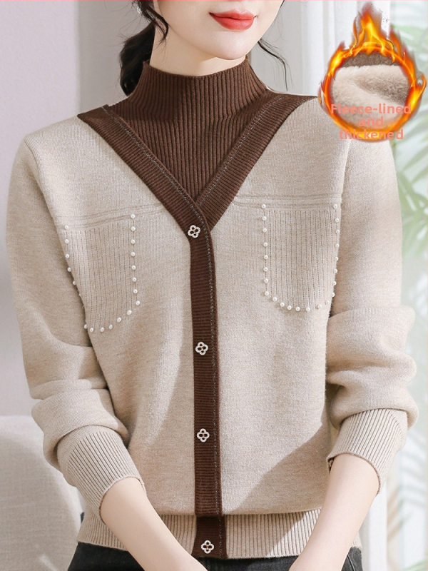 Sieviešu ziemas adīts džemperis ar pusi augstu kaklu, bieza velūra iekšējā odere, blokveida raksts, brīvs piegriezums