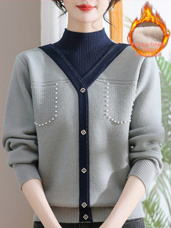 Sieviešu ziemas adīts džemperis ar pusi augstu kaklu, bieza velūra iekšējā odere, blokveida raksts, brīvs piegriezums