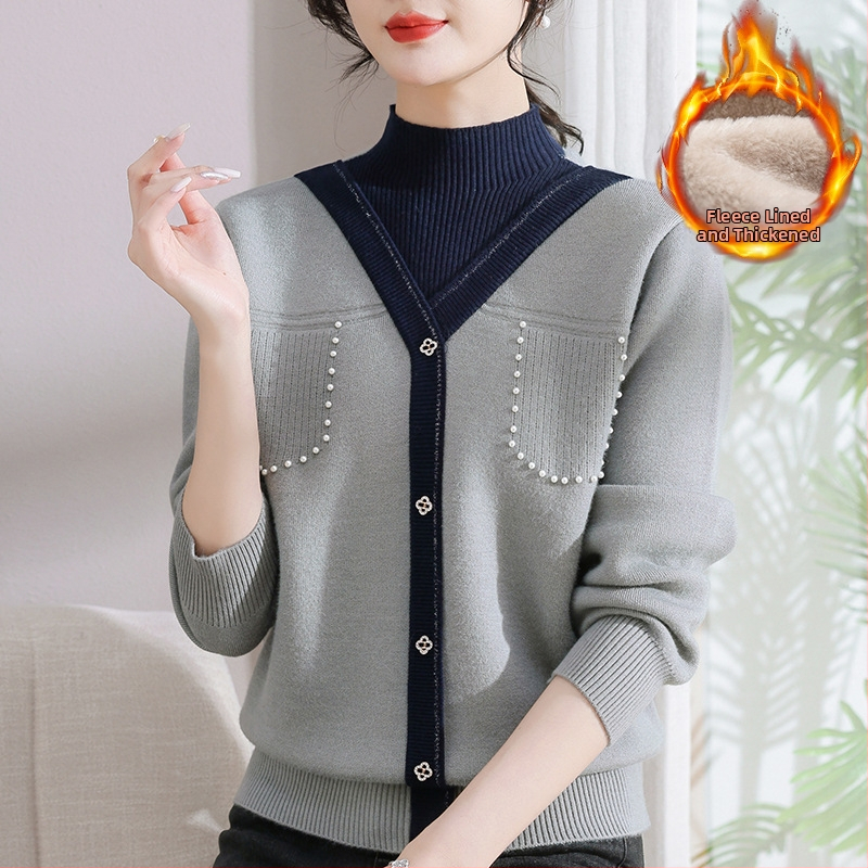 Sieviešu ziemas adīts džemperis ar pusi augstu kaklu, bieza velūra iekšējā odere, blokveida raksts, brīvs piegriezums