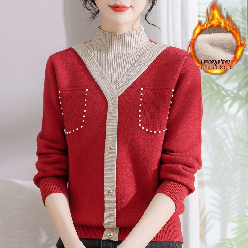 Sieviešu ziemas adīts džemperis ar pusi augstu kaklu, bieza velūra iekšējā odere, blokveida raksts, brīvs piegriezums