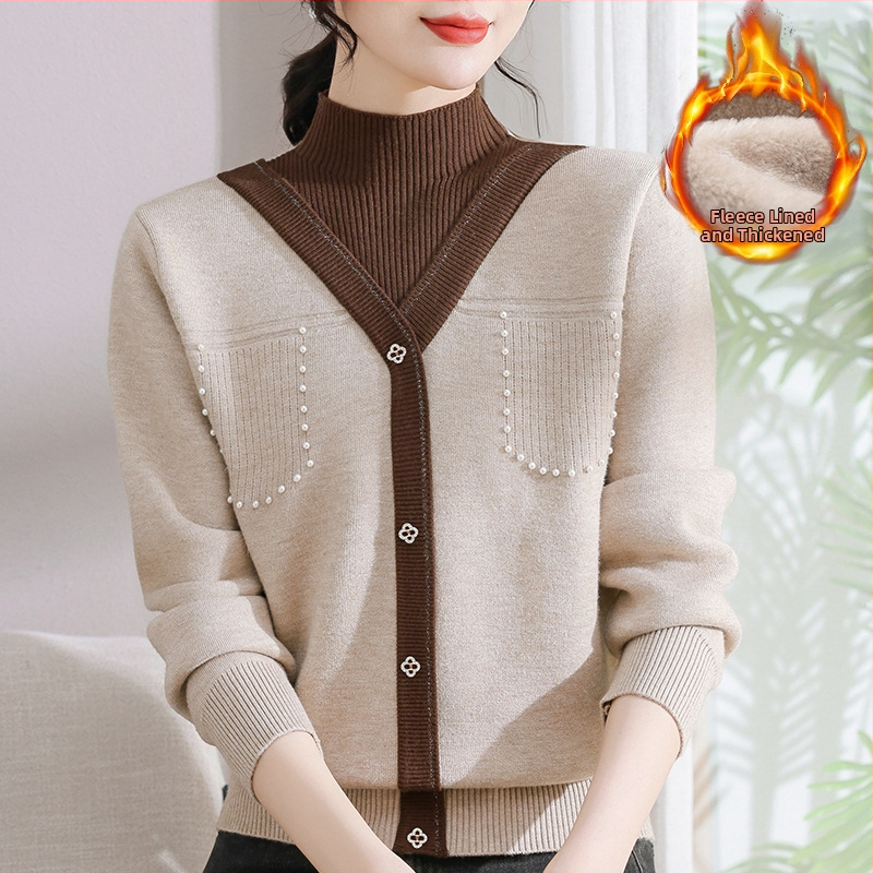 Sieviešu ziemas adīts džemperis ar pusi augstu kaklu, bieza velūra iekšējā odere, blokveida raksts, brīvs piegriezums