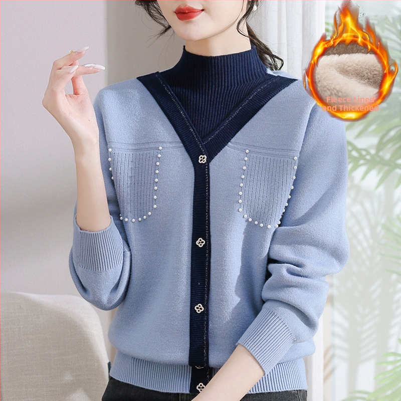 Sieviešu ziemas adīts džemperis ar pusi augstu kaklu, bieza velūra iekšējā odere, blokveida raksts, brīvs piegriezums