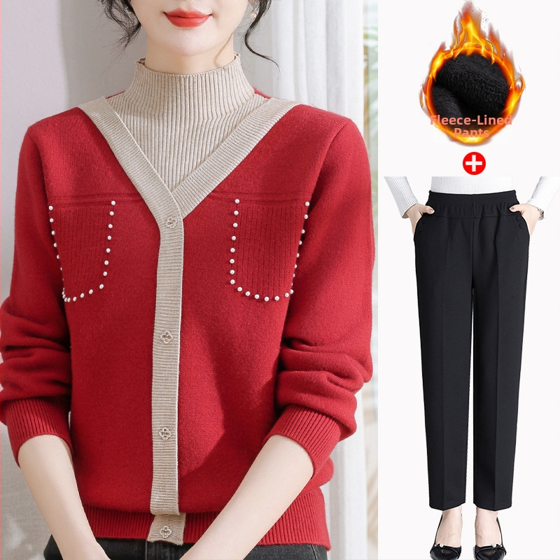 Sieviešu ziemas adīts džemperis ar pusi augstu kaklu, bieza velūra iekšējā odere, blokveida raksts, brīvs piegriezums