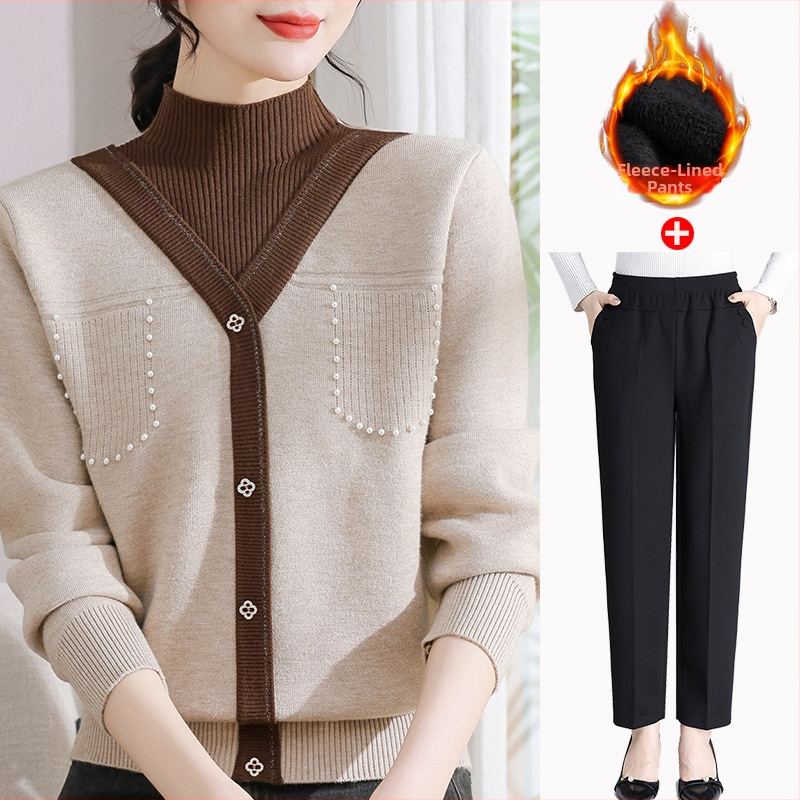 Sieviešu ziemas adīts džemperis ar pusi augstu kaklu, bieza velūra iekšējā odere, blokveida raksts, brīvs piegriezums