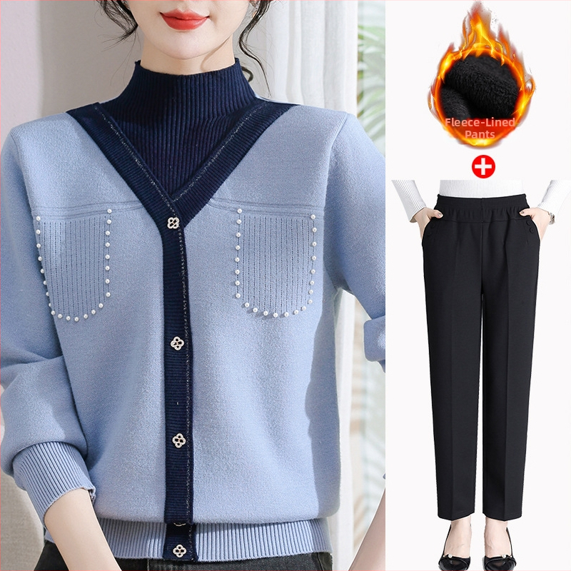 Sieviešu ziemas adīts džemperis ar pusi augstu kaklu, bieza velūra iekšējā odere, blokveida raksts, brīvs piegriezums