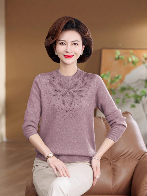 Pulover tricotat cu guler semi-turtleneck, croială lejeră, mâneci lungi, aplicații cu cristale, motif floral/animal