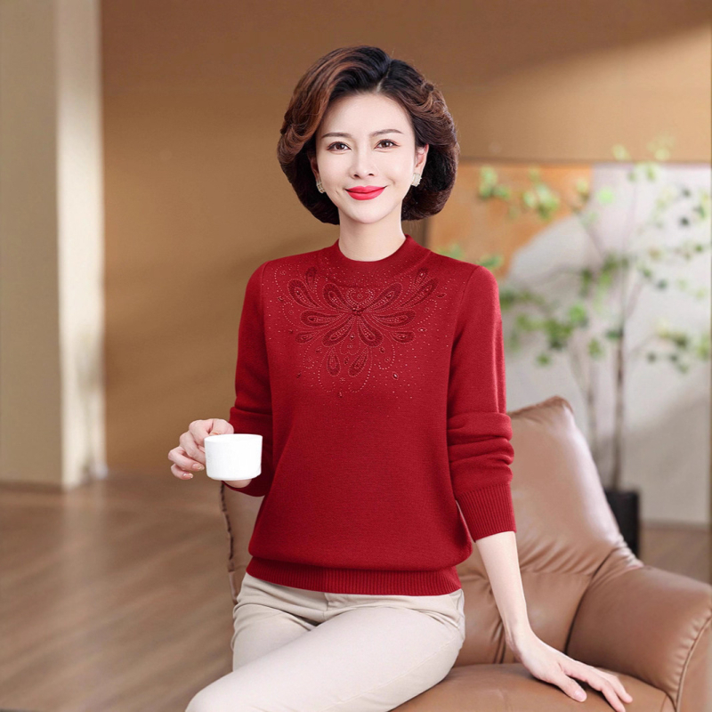 Pulover tricotat cu guler semi-turtleneck, croială lejeră, mâneci lungi, aplicații cu cristale, motif floral/animal