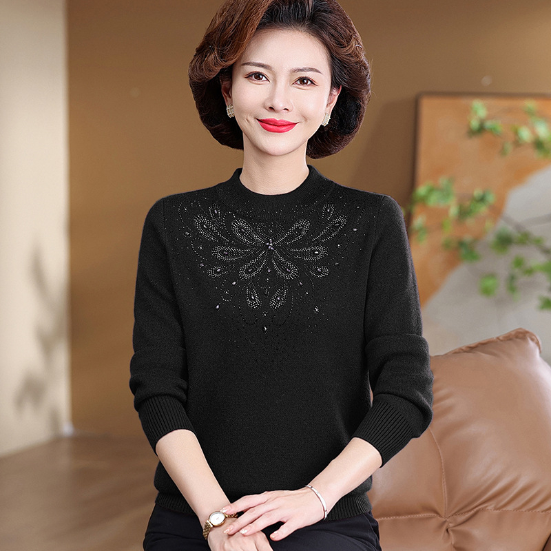 Pulover tricotat cu guler semi-turtleneck, croială lejeră, mâneci lungi, aplicații cu cristale, motif floral/animal