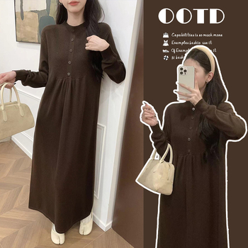 Бременска рокля за кърмене с кръгло деколте, дълги ръкави, А-лине средна дължина, смес полиестер и памук, есен 2024