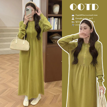 Бременска рокля за кърмене с кръгло деколте, дълги ръкави, А-лине средна дължина, смес полиестер и памук, есен 2024