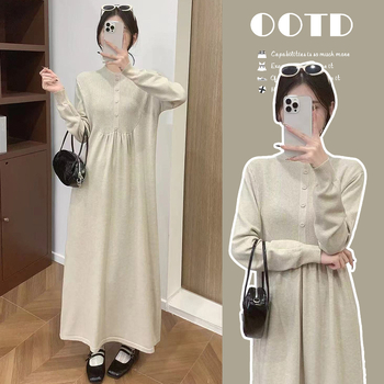 Бременска рокля за кърмене с кръгло деколте, дълги ръкави, А-лине средна дължина, смес полиестер и памук, есен 2024