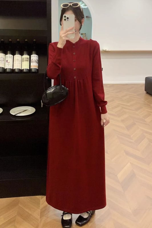 Бременска рокля за кърмене с кръгло деколте, дълги ръкави, А-лине средна дължина, смес полиестер и памук, есен 2024